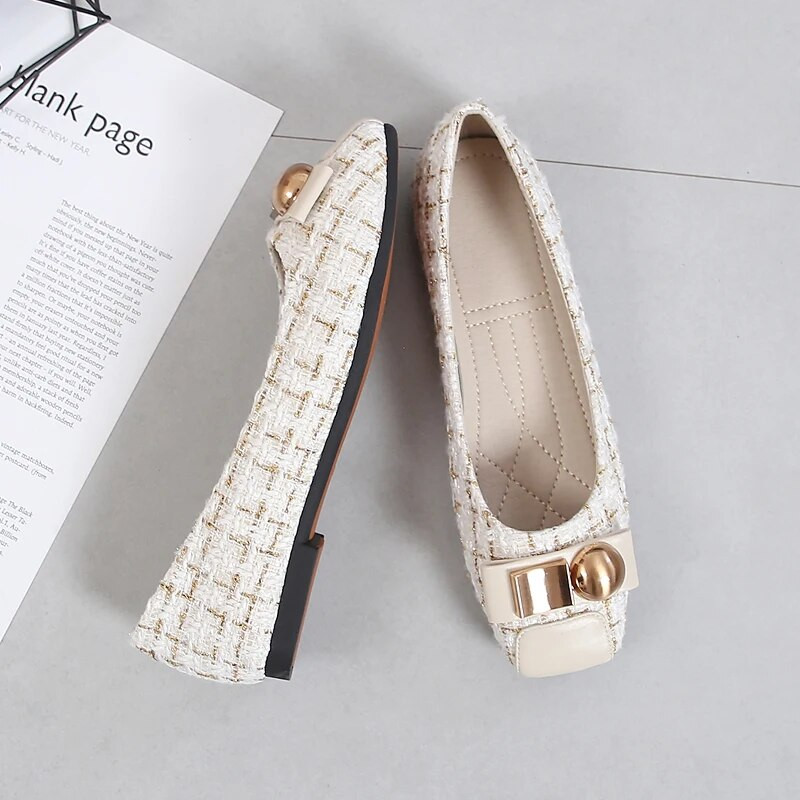 Sieviešu kvadrātveida purngalu kurpes Sieviešu slīdēšanas ērtas, plakanas baleta kurpes Metāla pogām apavi Zapatillas Mujer