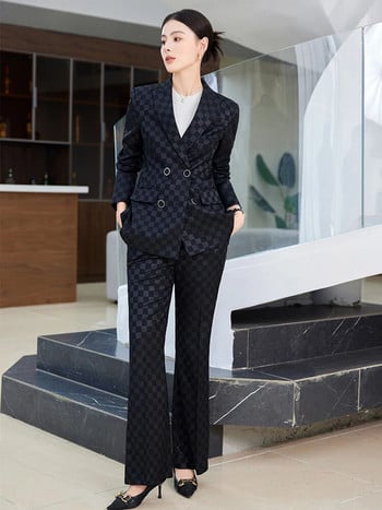 Γυναικείο επίσημο γυναικείο κοστούμι παντελόνι Μωβ ροζ μαύρο καρό σακάκι και παντελόνι Γυναικείο επαγγελματικό σετ 2 τεμαχίων blazer
