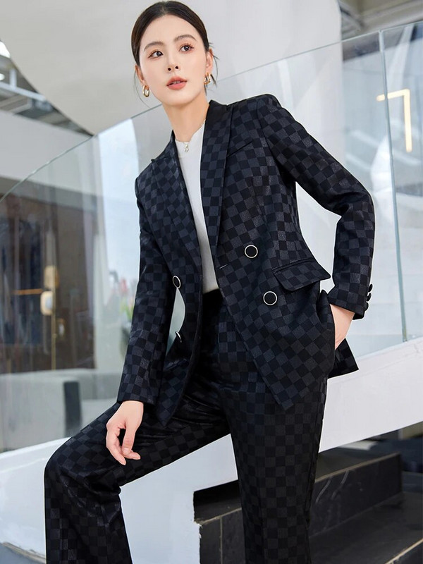 Modni ženski formalni odijelo s hlačama Ženska ljubičasta ružičasta crna karirana jakna i hlače Ženska poslovna radna odjeća Komplet sakoa od 2 komada