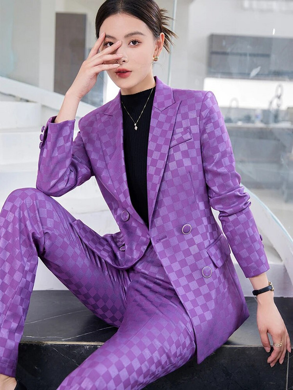 Modni ženski formalni odijelo s hlačama Ženska ljubičasta ružičasta crna karirana jakna i hlače Ženska poslovna radna odjeća Komplet sakoa od 2 komada