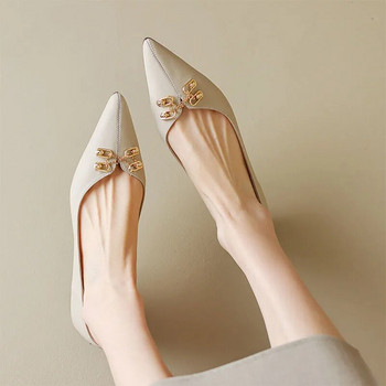 Нови дамски обувки с равни пръсти с остри пръсти Ретро обувки тип лодка за жени Обувки с ниски токчета с верига Обувки с леопардови токчета 1402N