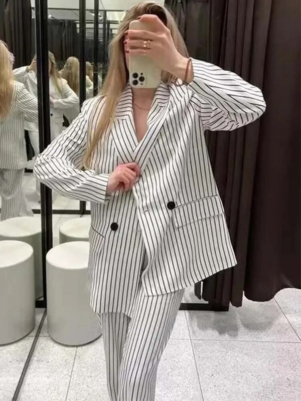 TRAF Ženski dvodijelni kompleti hlača 2023. Novi modni prugasti ležerni sako + duge hlače Žensko odijelo Ulična ležerna ženska odjeća