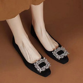 Jaunas Sieviešu Plakanas Kvadrātveida Toe Laivas Kurpes Mākslīgās zamšādas Slip on Plakanas Kurpes Rhinestone Zempapēžu Kurpes Kleita Apavi Melni Loafer Rudens 1419N