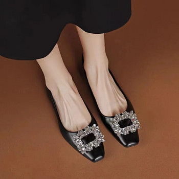 Νέα γυναικεία φλατ τετράγωνα παπούτσια για βάρκα Faux Suede Slip on Flat Shoes Rhinestone Χαμηλά τακούνια φόρεμα Παπούτσια μαύρα Loafer Φθινόπωρο 1419N