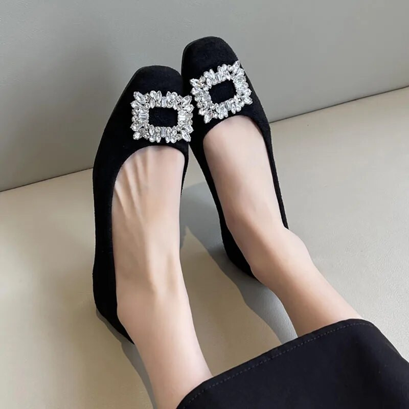 Jaunas Sieviešu Plakanas Kvadrātveida Toe Laivas Kurpes Mākslīgās zamšādas Slip on Plakanas Kurpes Rhinestone Zempapēžu Kurpes Kleita Apavi Melni Loafer Rudens 1419N