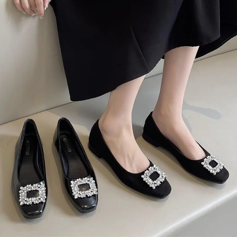 Jaunas Sieviešu Plakanas Kvadrātveida Toe Laivas Kurpes Mākslīgās zamšādas Slip on Plakanas Kurpes Rhinestone Zempapēžu Kurpes Kleita Apavi Melni Loafer Rudens 1419N