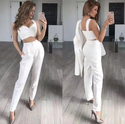 Ευρωπαϊκά και αμερικανικά Νέα Three Piece Blazers στενό μικρό φανελάκι μακρυμάνικο κοστούμι ψηλόμεσο φαρδύ παντελόνι Commuting