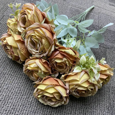 9 zlatnih zlatnih umjetnih ruža Cvjetni aranžman Svileni buket Veličanstven moral za zabave u kućnom uredu i dekoraciju vjenčanja