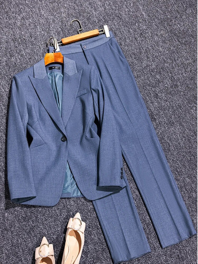 Set de pantaloni blazer pentru femei de înaltă calitate, costum pentru doamne, gri negru, jachetă cu mânecă lungă, pantaloni, haină de lucru pentru afaceri, set de 2 piese