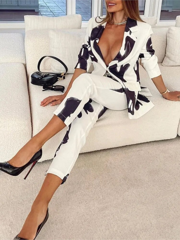 Apdrukāts bleizera komplekts Sieviešu lietišķais uzvalks Eleganti bikšu komplekti Tērpi 2023. gada rudens jauns modes biroja vintage uzvalki ar vienrindu