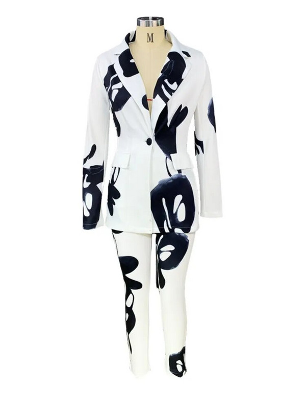 Apdrukāts bleizera komplekts Sieviešu lietišķais uzvalks Eleganti bikšu komplekti Tērpi 2023. gada rudens jauns modes biroja vintage uzvalki ar vienrindu