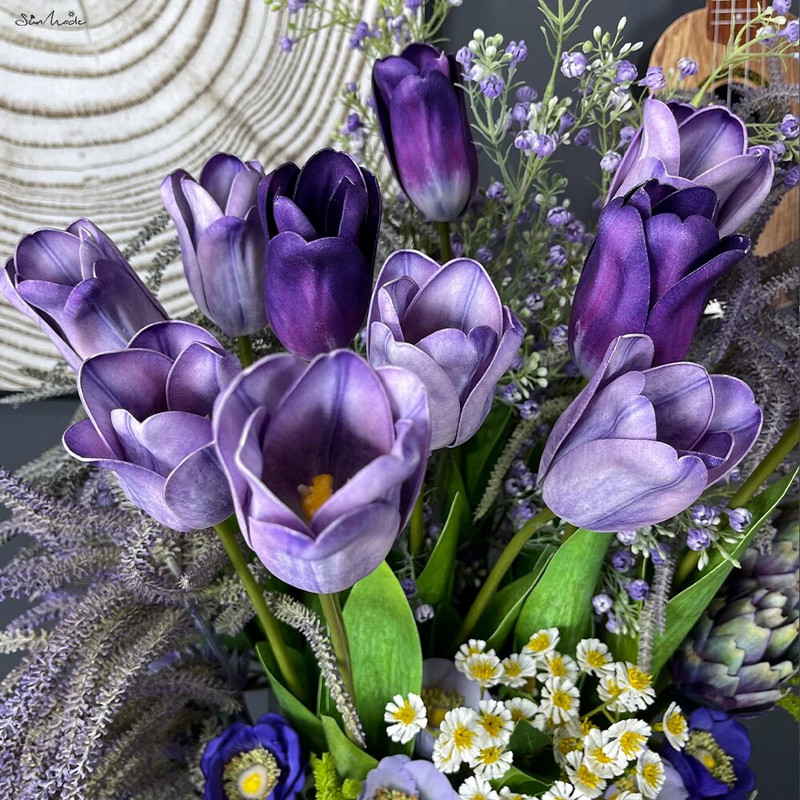 SunMade Real Touch Tulipan Umjetno cvijeće na dodir Umjetno cvijeće za dom Dekoracija hotela Vjenčanje Bračni buket Flores Artificales Ljubičasta