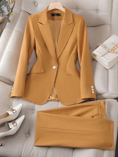 Žuto crno crveno žensko formalno odijelo s hlačama Uredska ženska poslovna radna odjeća Komplet od 2 komada Ženski blejzer sako i hlače