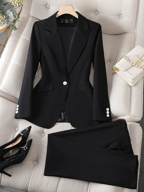 Žuto crno crveno žensko formalno odijelo s hlačama Uredska ženska poslovna radna odjeća Komplet od 2 komada Ženski blejzer sako i hlače