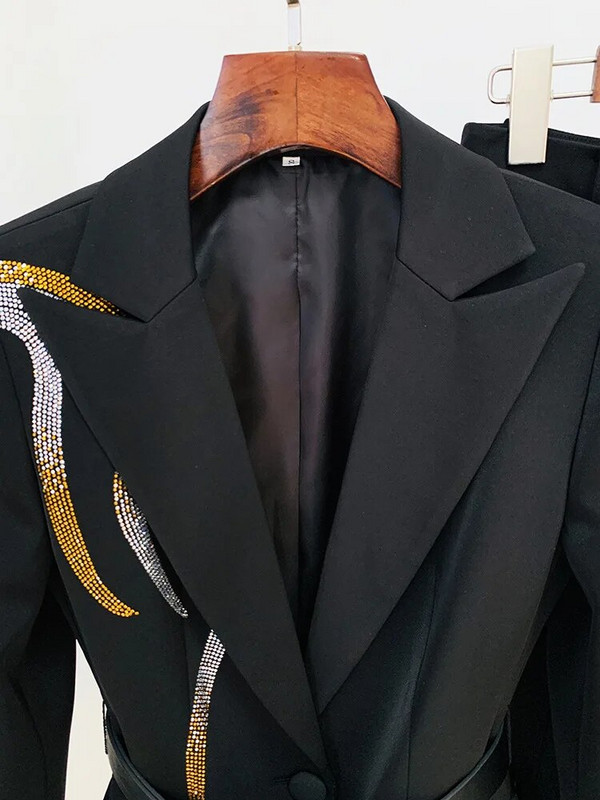 Melni bikškostīmi ar Rhinestone 2023. gada jaunu krāsu karsto urbjmašīnu jostas uzvalks Diamond Crystal Slim Flare bikses, divdaļīgi tērpi