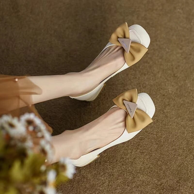 Dámske jesenné balerínky, lodičky s veľkou mašľou a štvorcovou špičkou, žlté, plytké, jednoduché topánky, balerínky, spoločenské topánky 9795N