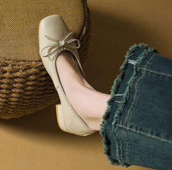 Нови дамски обувки тип лодка с квадратни пръсти Дамски кожени обувки с папионка Сребърни обувки на нисък ток Сватбени обувки Пролет Есен 1282N