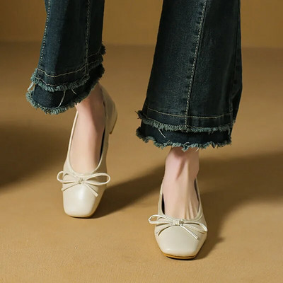 Nove ženske cipele s ravnim vrhovima s četvrtastim prstima, natikače s leptir-mašnom, Ženske kožne cipele, Vjenčane cipele s niskim petama, Vjenčane cipele Proljeće Jesen 1282N