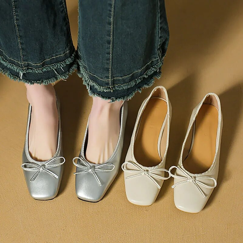 Nove ženske cipele s ravnim vrhovima s četvrtastim prstima, natikače s leptir-mašnom, Ženske kožne cipele, Vjenčane cipele s niskim petama, Vjenčane cipele Proljeće Jesen 1282N