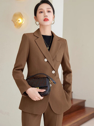 Kohvibeež must pidulik pükskostüüm naistele naiste bleiser jakk ja püksid tööriiete 2-osaline komplekt