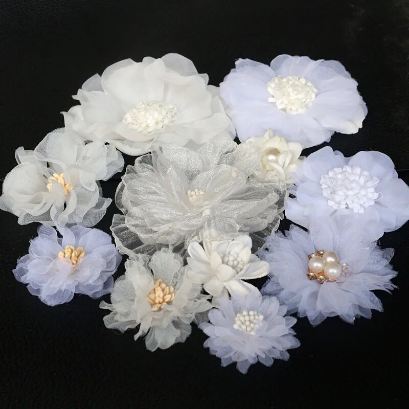 10 DB/tétel fehér sorozat Camellia Rose sifon szövet művirág fej esküvői ruhához ruházat díszítő fejdísz