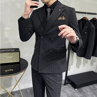 2023-as divat férfi alkalmi butik üzleti karcsú esküvői csíkos duplasoros öltöny 3 db szett blézer dzseki nadrág mellény nadrág
