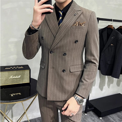 2023-as divat férfi alkalmi butik üzleti karcsú esküvői csíkos duplasoros öltöny 3 db szett blézer dzseki nadrág mellény nadrág
