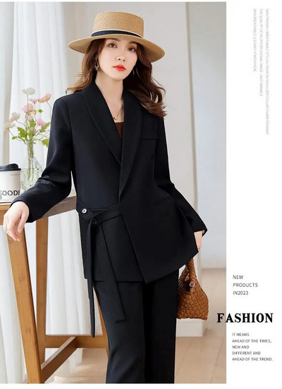 Augstas kvalitātes divdaļīgie komplekti Sieviešu formāli eleganti sieviešu žaketes kostīmi jaka + bikšu komplekts ar platām kājām rudens pavasara luksusa šiks