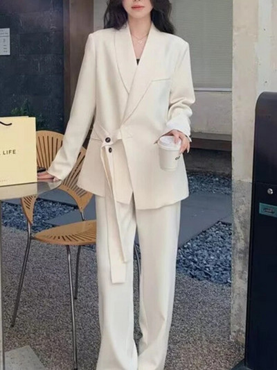 Sieviešu uzvalki Biroja komplekti 2023. gada rudens, jauna mode, ikdienas bleizeri, platas bikšu kostīmi ar garām piedurknēm brīvi, divdaļīgs komplekts sievietēm