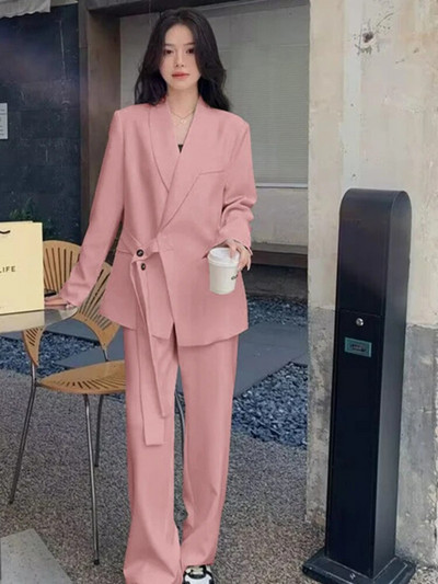 Sieviešu uzvalki Biroja komplekti 2023. gada rudens, jauna mode, ikdienas bleizeri, platas bikšu kostīmi ar garām piedurknēm brīvi, divdaļīgs komplekts sievietēm