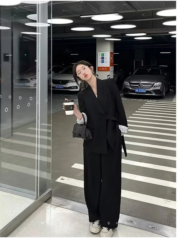 Naiste ülikonnad kontorikomplektid 2023. aasta sügis, uus mood, vabaaja bleiserid, laia säärega pükskostüümid, vabad pikkade varrukatega kaheosaline komplekt naistele