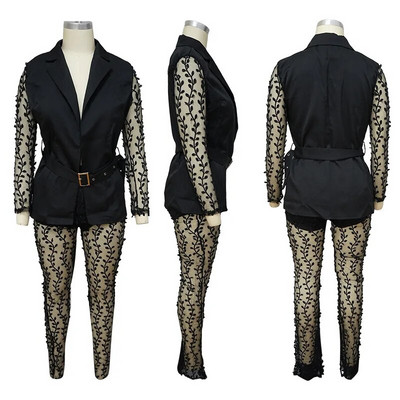 Sieviešu skrejceļa masīvi mežģīņu divdaļīgie komplekti Sexy V-veida kakla vērtnes žakete ar augstu vidukli Mežģīnes caurredzami uzliesmojošu bikšu komplekti