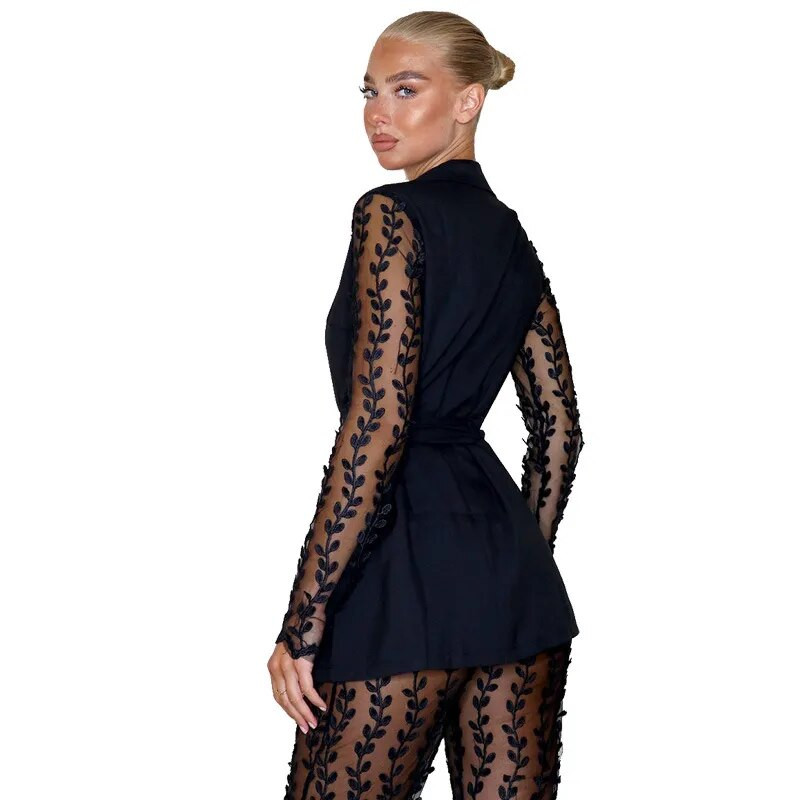 Sieviešu skrejceļa masīvi mežģīņu divdaļīgie komplekti Sexy V-veida kakla vērtnes žakete ar augstu vidukli Mežģīnes caurredzami uzliesmojošu bikšu komplekti