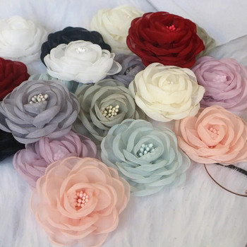 10 ΤΕΜ/Παρτίδα 5,5cm 3D Organza Chiffon Fabric Cored Artificial Rose Flower for Wedding Dress Kaps Decoration DIY Sewing Applique