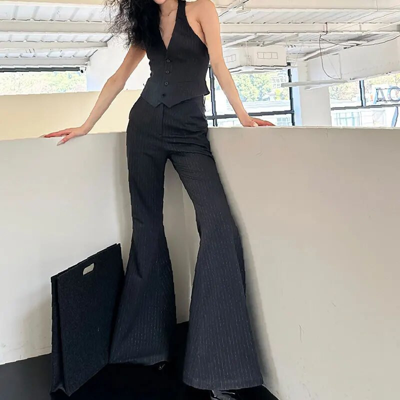 Getspring Ženski sako, kompleti hlača, jesen 2023., Prugasti prsluk bez rukava, jednoredno kopčanje, sako, široke hlače, kompleti od tri komada