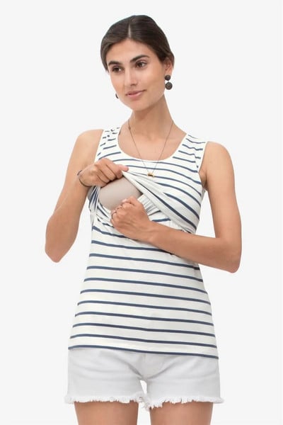 Καλοκαιρινό νέο μοντέρνο μπλουζάκι για έγκυες γυναίκες με ριγέ αμάνικο γιλέκο μπλουζάκια για θηλασμό μητρότητας