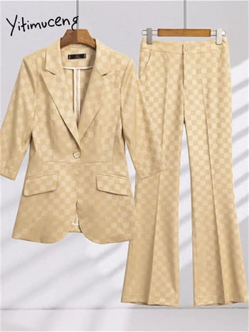 Yitimuceng καρό κοστούμια για γυναίκες 2023 Νέα μόδα καλοκαιρινό γραφείο Γυναικείο μπλέιζερ με μονό κουμπί Κομψό ψηλόμεσο παντελόνι 2 τεμαχίων