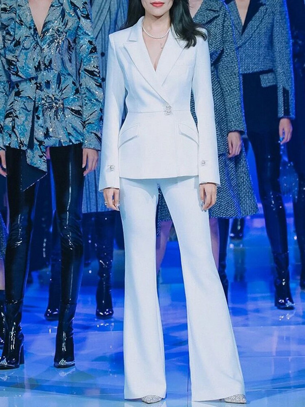 Svečane hlače za žene Blazer Bijeli biserni gumbi Slim Fit Raširene hlače Komplet hlača Dvodijelni set Poslovna odijela