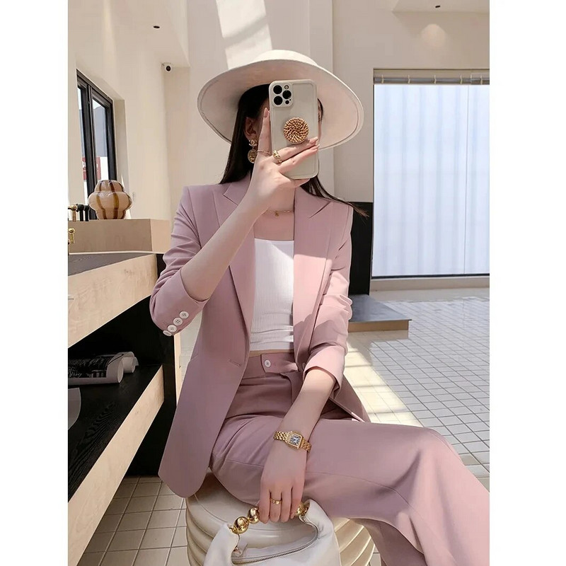 Elegantný štýlový set dámskeho 2-dielneho saka s nohavicovým kostýmom, elegantné formálne outfity do kancelárie, jar 2023