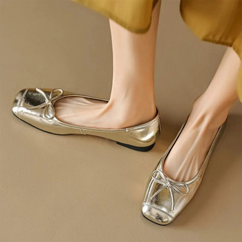 Νέα γυναικεία φλατ χρυσά παπούτσια για βάρκα με τετράγωνα παπούτσια με φόρεμα Παπιγιόν Ράψιμο Princess Ballet Flats Άνοιξη φθινόπωρο 1472N