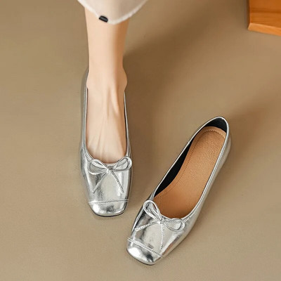 Nove ženske ravne balerinke od srebrne zlatne boje, svečane cipele s četvrtastim prstima, svečane cipele s leptir mašnom i leptir-mašnom, Princess balerinke, balerinke, proljeće jesen 1472N