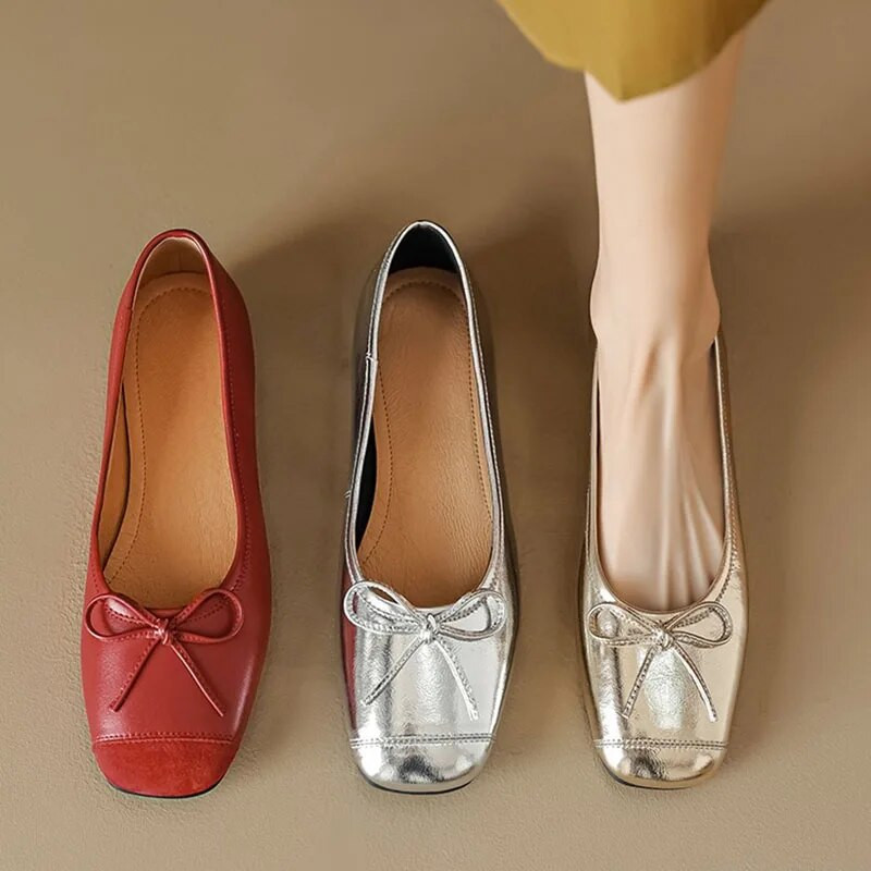 Nove ženske ravne balerinke od srebrne zlatne boje, svečane cipele s četvrtastim prstima, svečane cipele s leptir mašnom i leptir-mašnom, Princess balerinke, balerinke, proljeće jesen 1472N