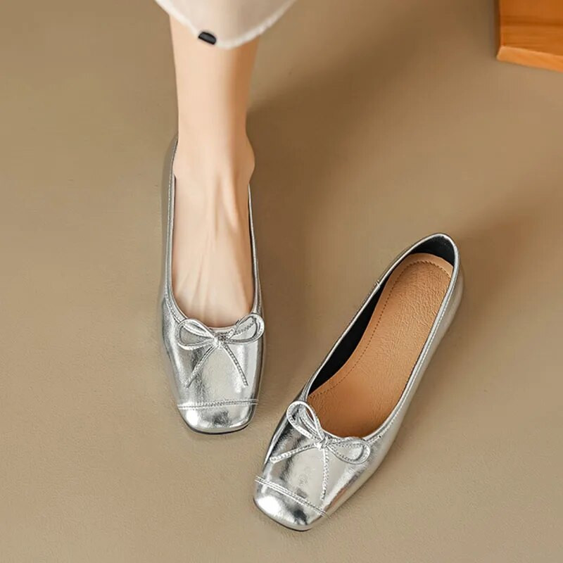 Nove ženske ravne balerinke od srebrne zlatne boje, svečane cipele s četvrtastim prstima, svečane cipele s leptir mašnom i leptir-mašnom, Princess balerinke, balerinke, proljeće jesen 1472N