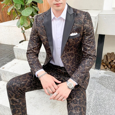 Blazer odijelo Muški luksuzni uski dvodijelni komplet s printom Kaput hlače Modne banketne muške poslovne ležerne jakne hlače