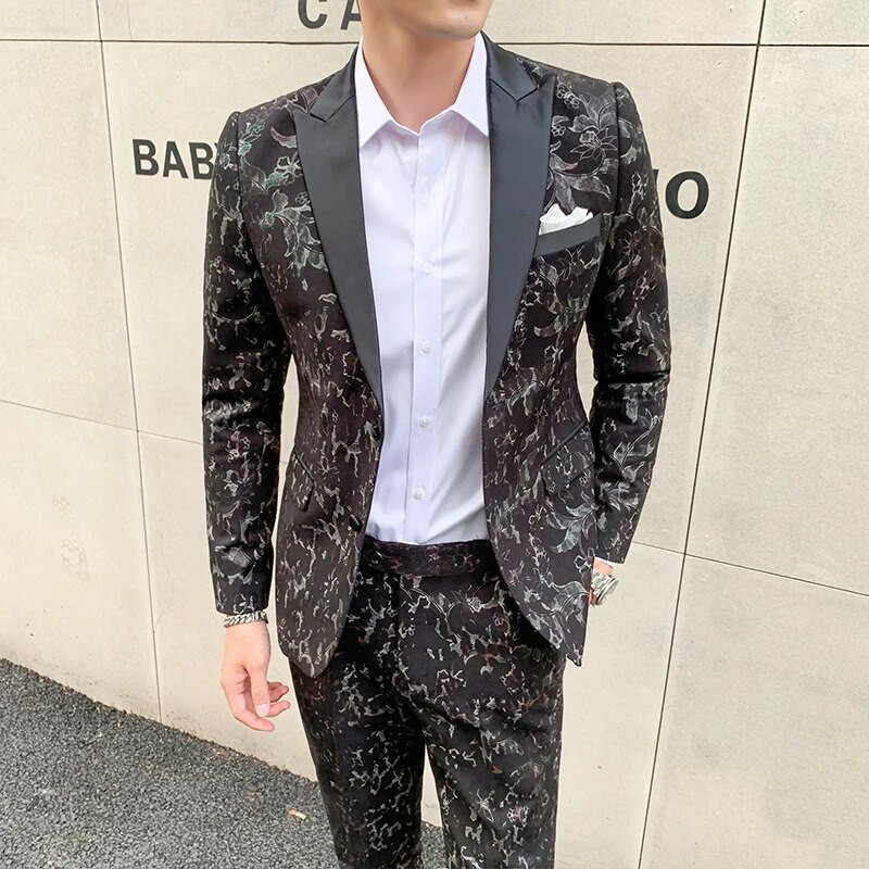 Blazer odijelo Muški luksuzni uski dvodijelni komplet s printom Kaput hlače Modne banketne muške poslovne ležerne jakne hlače
