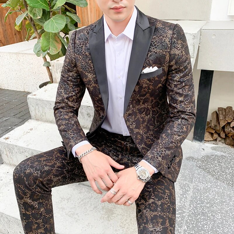 Blazer odijelo Muški luksuzni uski dvodijelni komplet s printom Kaput hlače Modne banketne muške poslovne ležerne jakne hlače