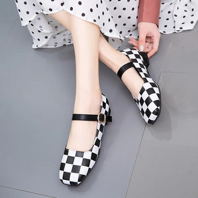 Sieviešu plakanie pleds Mary Jane Kurpes kvadrātveida purngals zemiem papēžiem Kleita kurpes Liela izmēra 35-43 Sieviešu dizaina apavi Zapatos Mujer 9544N