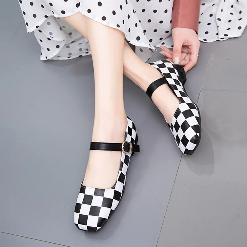 Sieviešu plakanie pleds Mary Jane Kurpes kvadrātveida purngals zemiem papēžiem Kleita kurpes Liela izmēra 35-43 Sieviešu dizaina apavi Zapatos Mujer 9544N