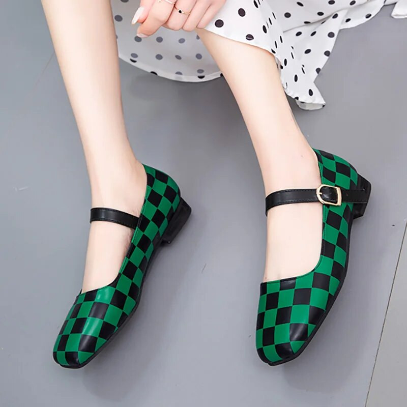 Sieviešu plakanie pleds Mary Jane Kurpes kvadrātveida purngals zemiem papēžiem Kleita kurpes Liela izmēra 35-43 Sieviešu dizaina apavi Zapatos Mujer 9544N