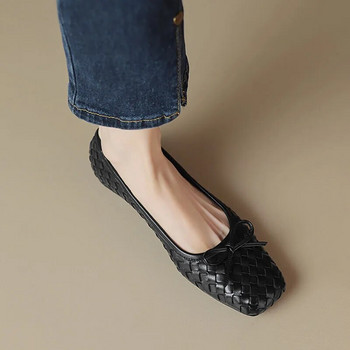 Дамски обувки с равни обувки с плетени кожени обувки Нови дизайнерски обувки тип лодка Дамски обувки с квадратни пръсти без приплъзване Балетни обувки с лък Zapatos Mujer 1482N
